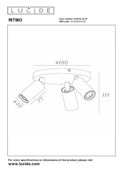 Lucide RITMO - Ceiling spotlight - Ø 18 cm - 3xGU10 (MR11) - Coffee - technical